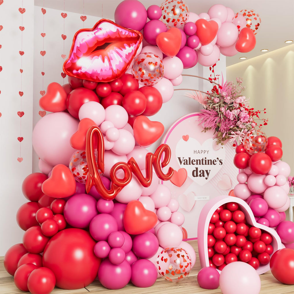 DBKL 138pcs Valentines Day Balloon Garland Arch Kit – Pink & Red Balloons with Love Lips Foil