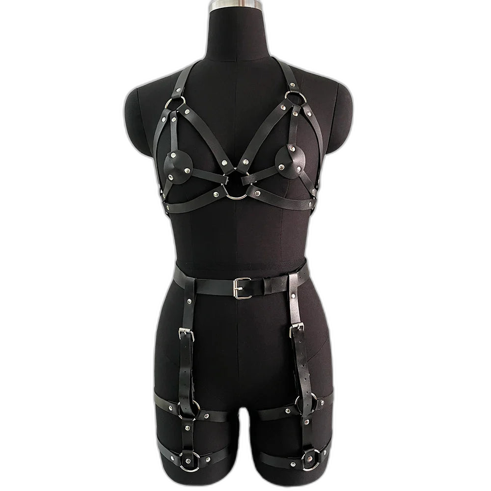 Seductive Women's Leather Lingerie Body Harness Outfit