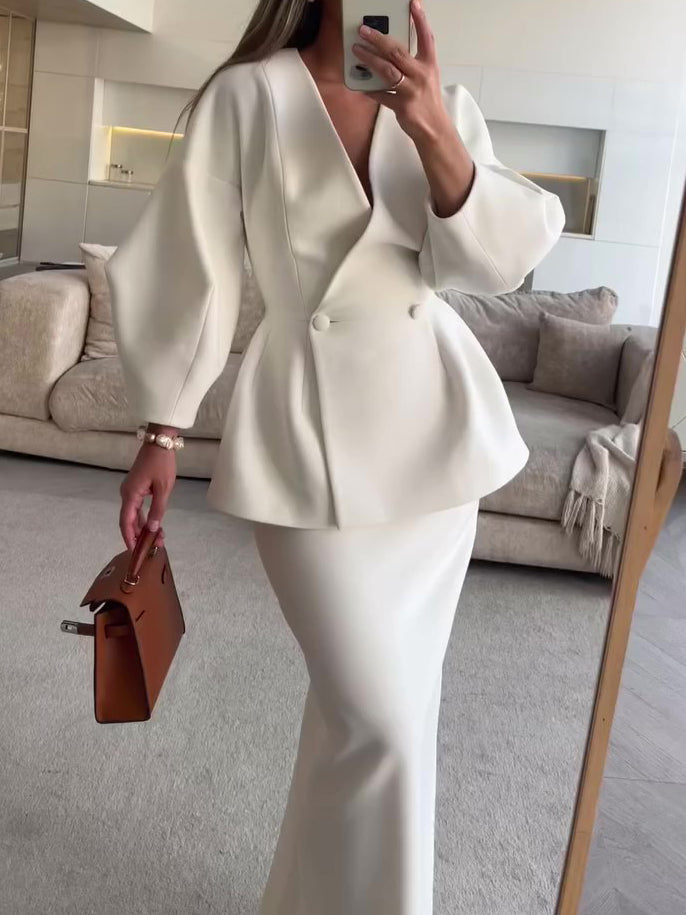 Ruffled V-neck Coat & Long Skirt Suit