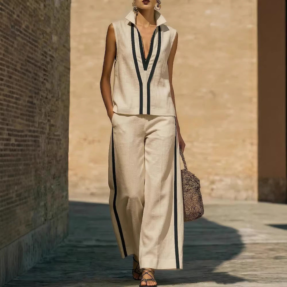 Womens Contrasting-Color Sleeveless Single-Breasted Vest And Drawstring Pants Set