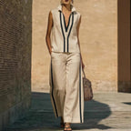 Womens Contrasting-Color Sleeveless Single-Breasted Vest And Drawstring Pants Set