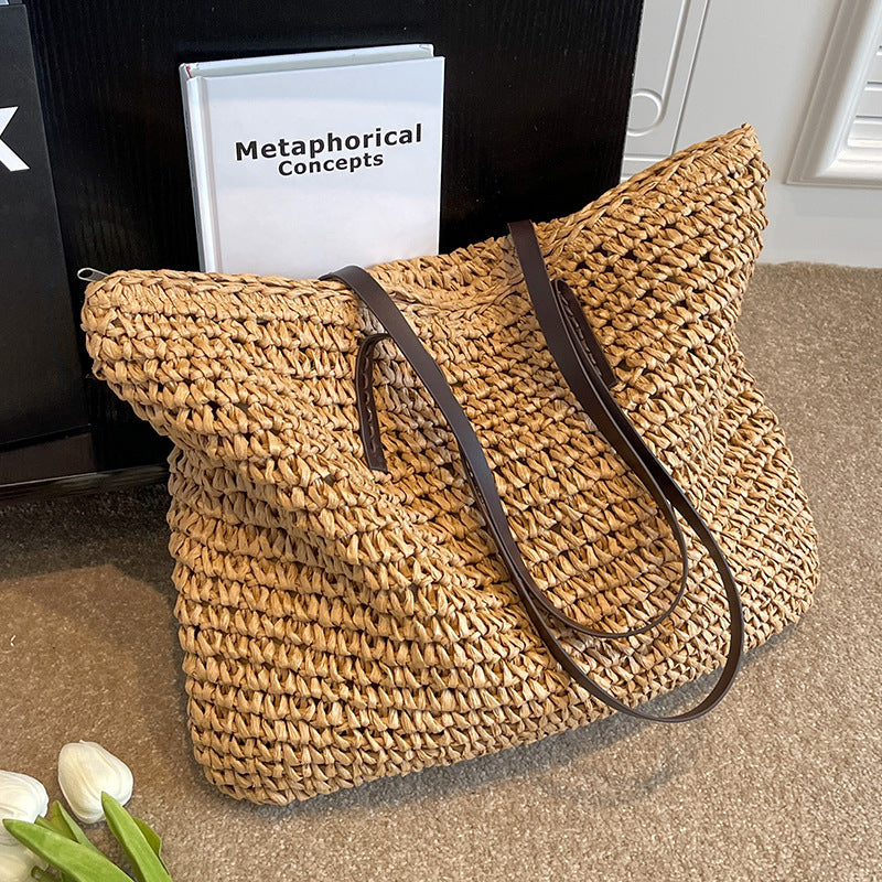 Summer Woven Shoulder Bag Ins Fashion Large Capacity Handbags With Zipper Women's Beach Bags