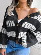 Women Designer Color Block Lantern Sleeve Cardigan Sweater Coat