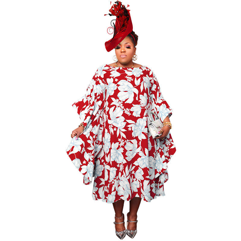 Women's Multi-color Split Skirt With Kimono Sleeves Plus-size Dress