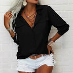 Women's Elegant Solid Chiffon Blouse Spring Summer Casual Long Sleeve V Neck Loose Shirt Office Lady Tunics Tops