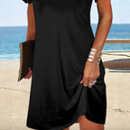 Fashionable Short-sleeve Square-neck Dress With Lace Trim