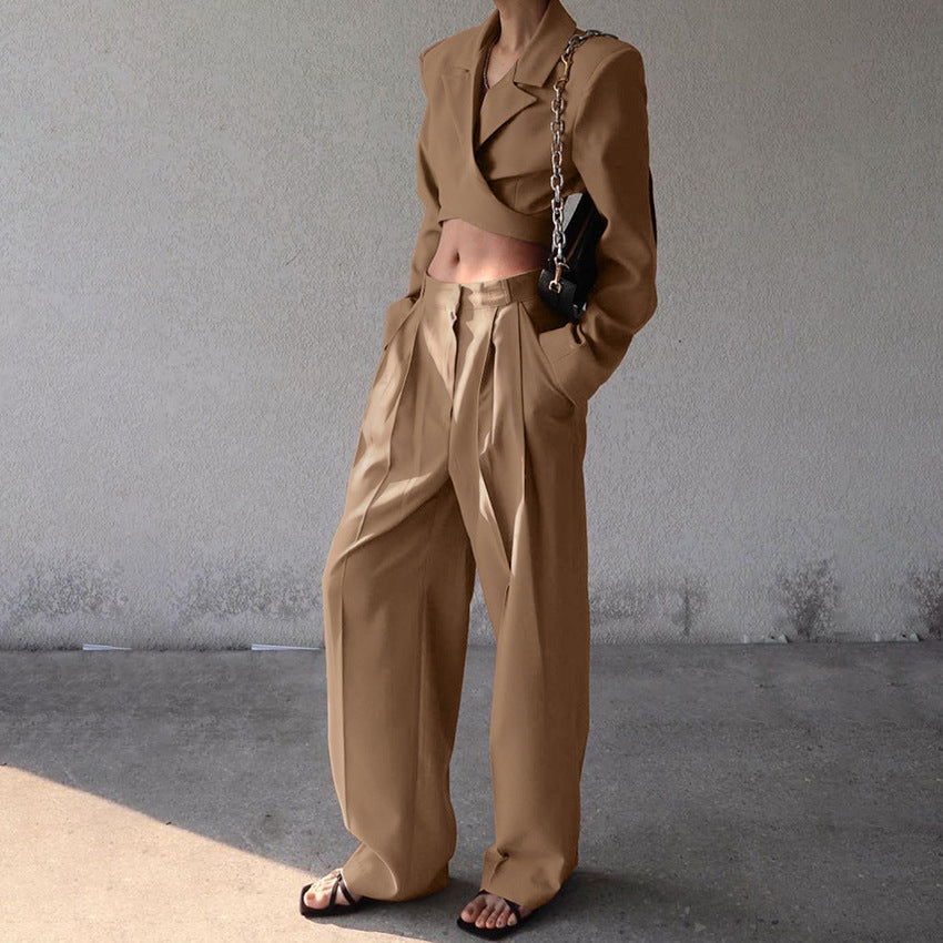 Long-sleeve Cropped Blazer And High-waist Casual Wide-leg Pants Set