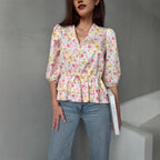 Drawstring Laced Puffed Sleeve V Neck Women's Blouse