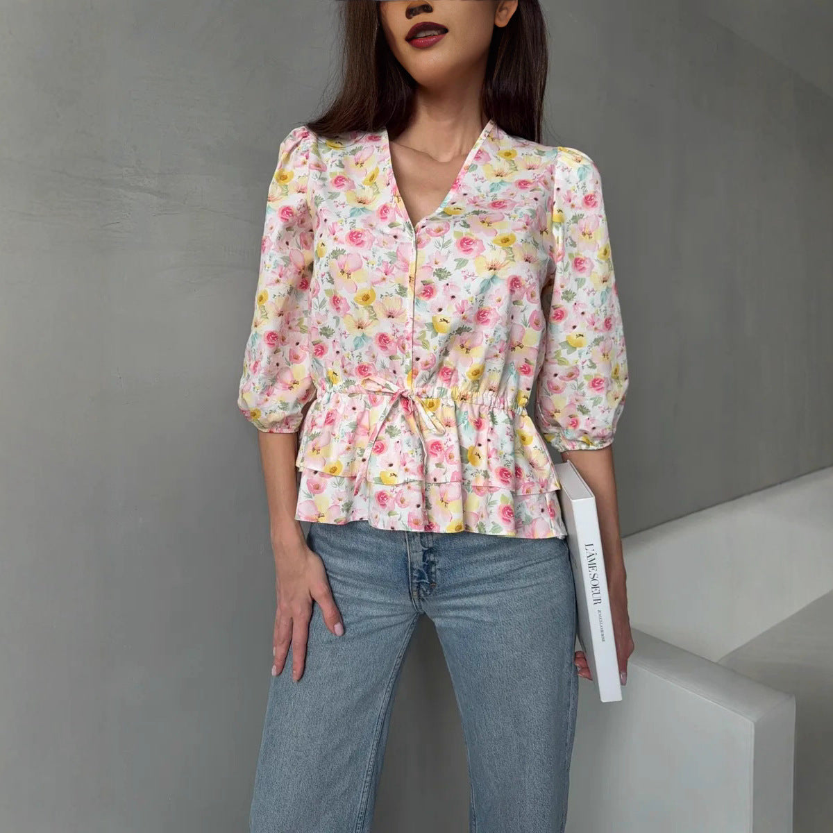 Drawstring Laced Puffed Sleeve V Neck Women's Blouse