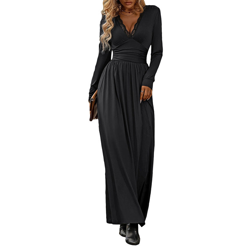 Women's Solid-Color V-Neck Elegant Lace Bodycon Split Dress