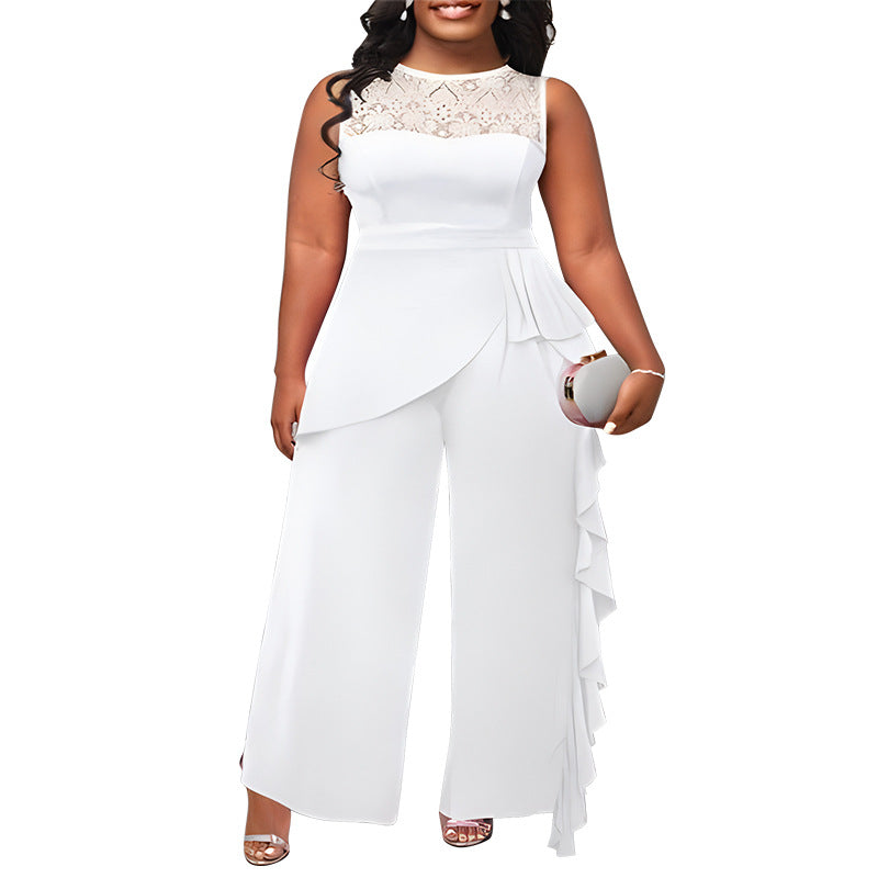 Solid-color Elegant Patchwork Loose-fitting Straight-leg Jumpsuit