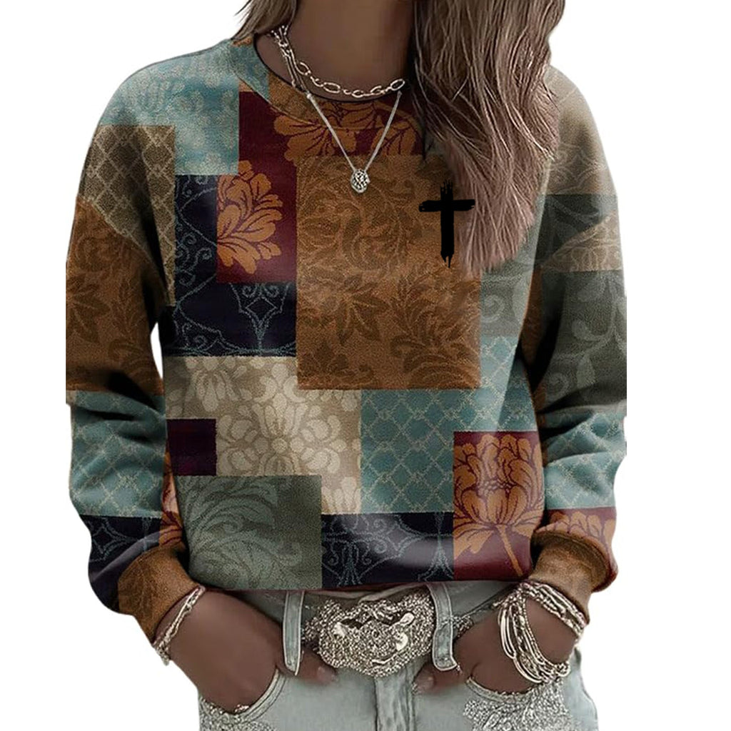 AutumnWinter Womens New Plaid Print Crew Neck Sweatshirt