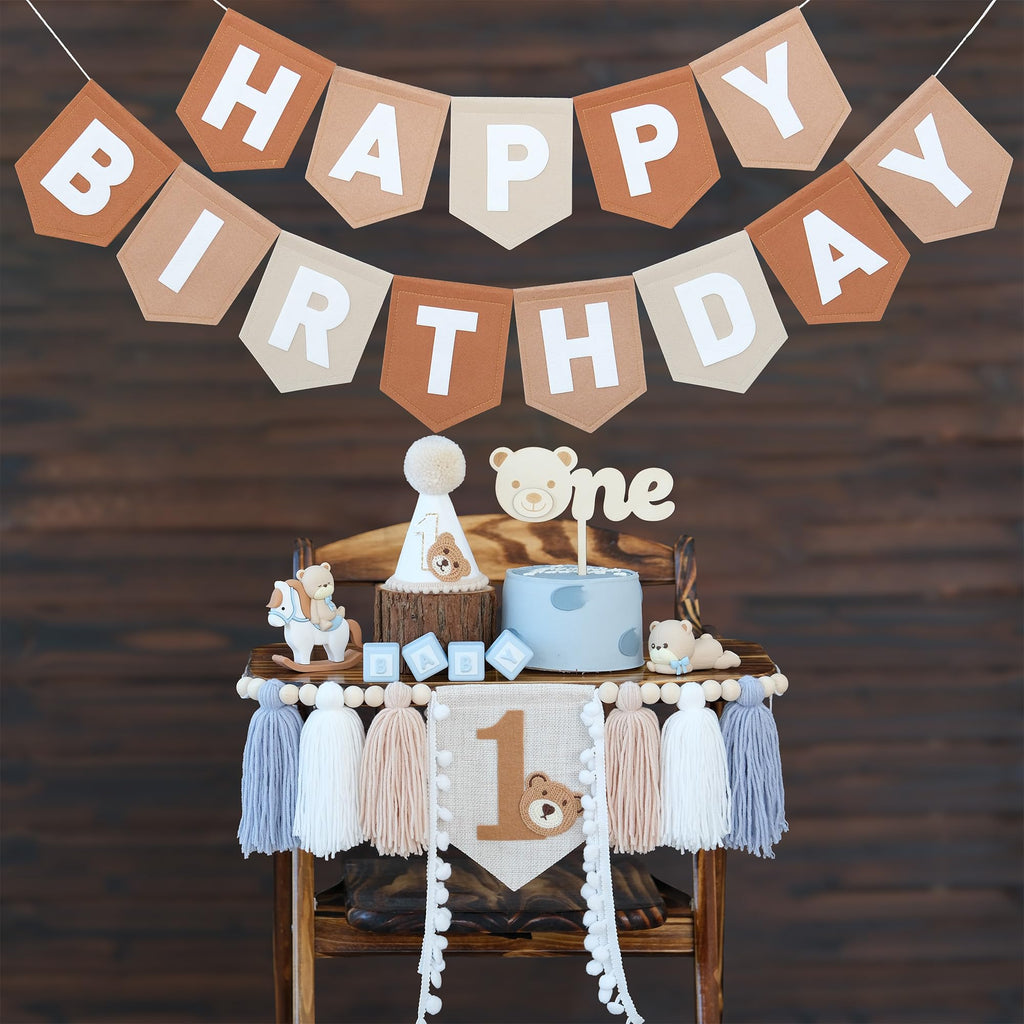 DCJHFJ Bear First Brown Felt Birthday Banner & High Chair Decor – 1st Birthday Kit