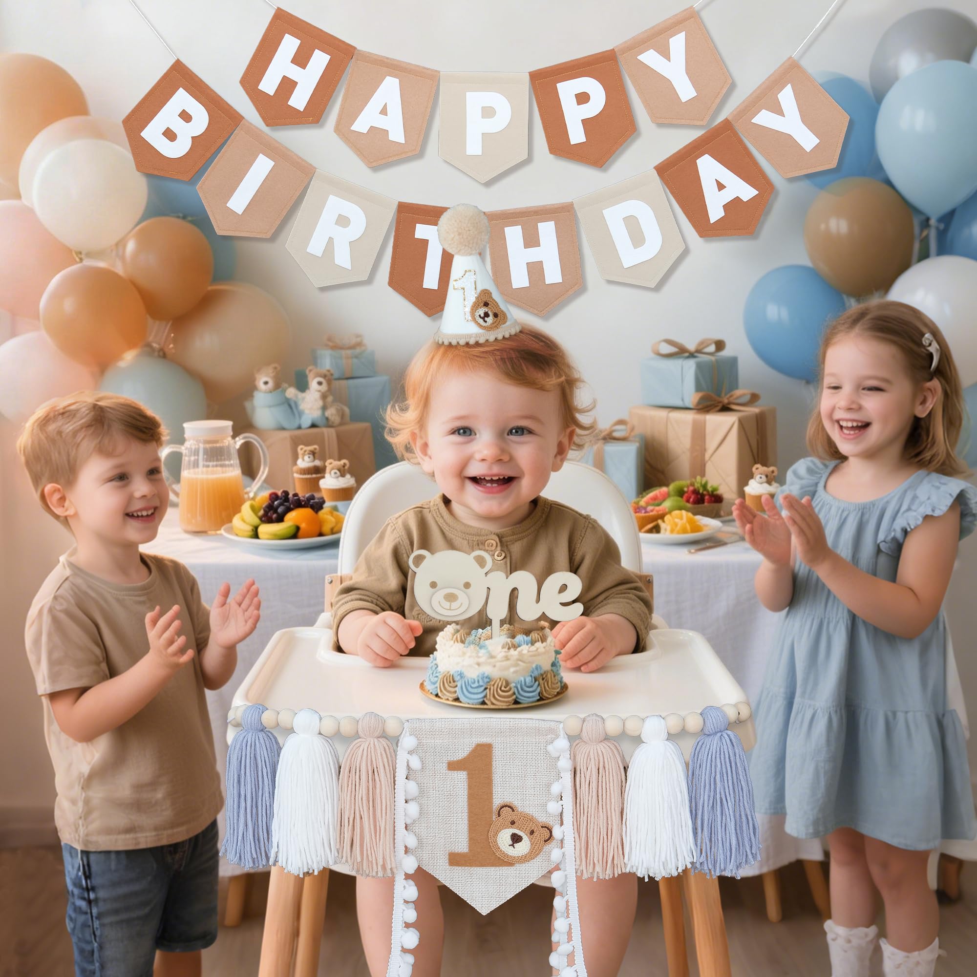 DCJHFJ Bear First Brown Felt Birthday Banner & High Chair Decor – 1st Birthday Kit