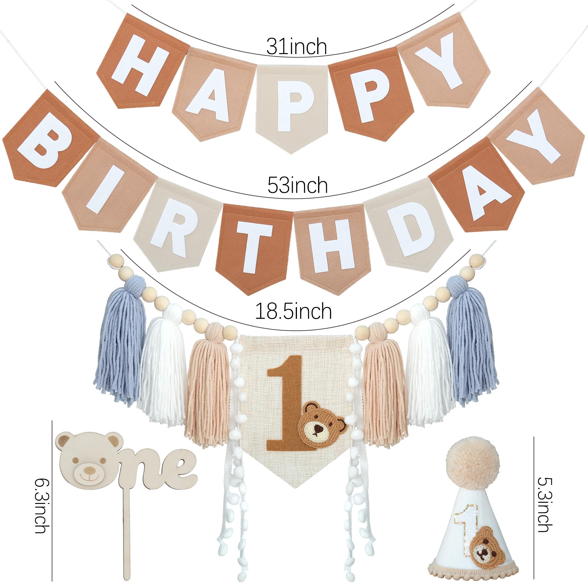DCJHFJ Bear First Brown Felt Birthday Banner & High Chair Decor – 1st Birthday Kit