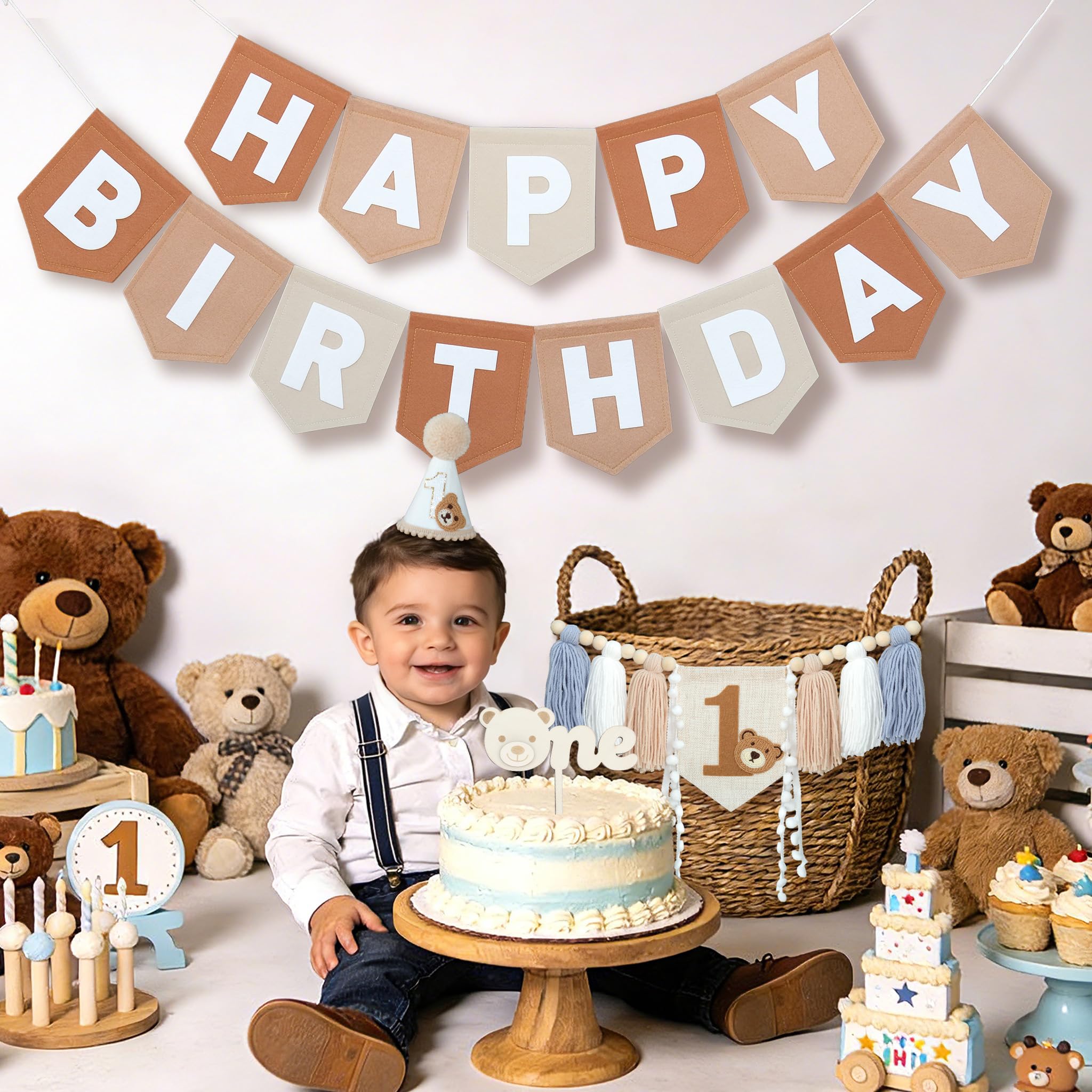 DCJHFJ Bear First Brown Felt Birthday Banner & High Chair Decor – 1st Birthday Kit