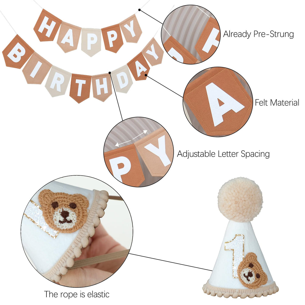 DCJHFJ Bear First Brown Felt Birthday Banner & High Chair Decor – 1st Birthday Kit