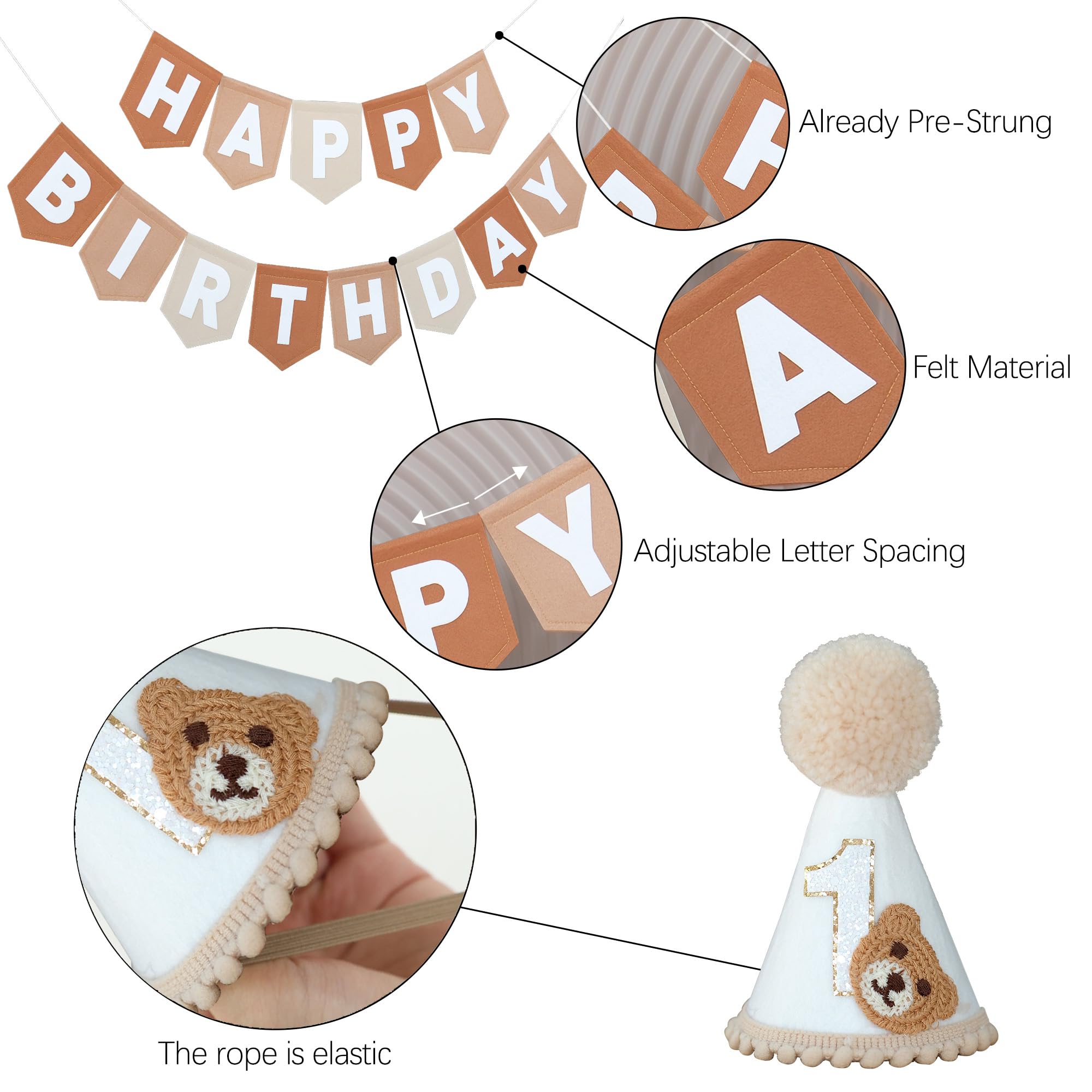 DCJHFJ Bear First Brown Felt Birthday Banner & High Chair Decor – 1st Birthday Kit