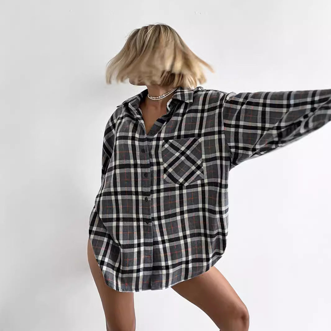 European And American-style Plaid Lapel Elegant Women's Blouse