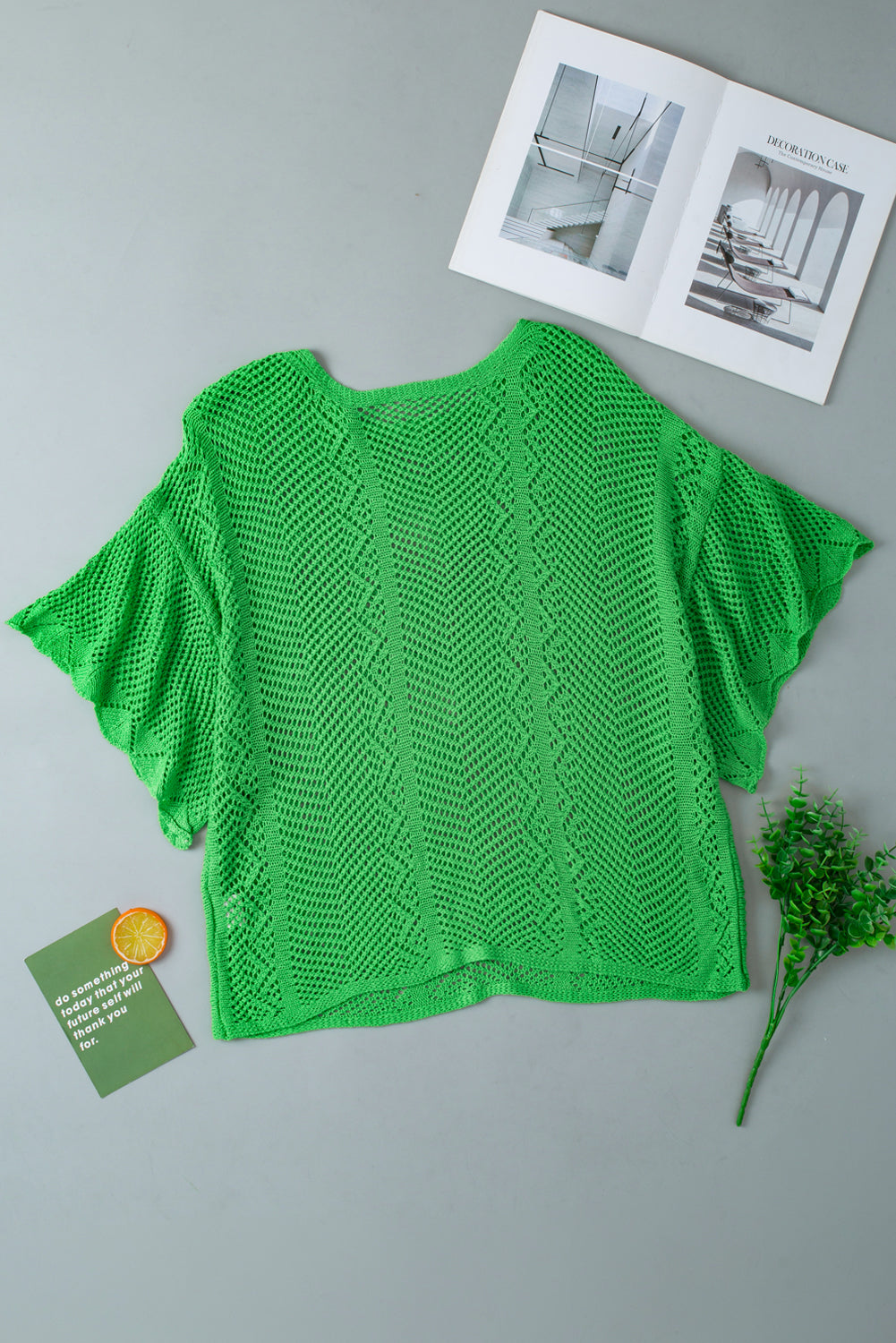 Green Pointelle Knit Scallop Trim Blouse Women UK