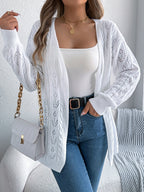 Women Casual Solid Color Hollow Out Long Sleeve Cardigan Sweater Coat