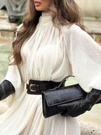 White Long-sleeved Ruffled Tie Dress