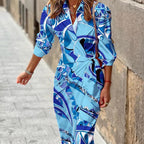 Fashion Printed Shirt Dress With Belt Slim Fit Three-quarter Sleeve Lapel Dress For Women Clothing