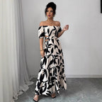 Off-shoulder Sexy Hollow-out Dress Printed Bodycon Dress That Flatters Your Figure And Shows Off Your Waist