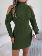 Women Casual Off-Shoulder Half Turtleneck Cable Knit Lantern Sleeve Bodycon Sweater Dress