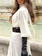 White Long-sleeved Ruffled Tie Dress