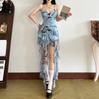 Solid-color Figure-hugging High-waisted Fashionable V-neck Strapless Dress