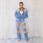 Fashionable Pearl-Chain Hand-Embroidered Beaded Denim Jacket