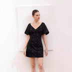 Retro Waist-Cinching Lace-Up Patchwork Pleated-Sleeve Dress