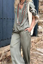 V-neck Top Pocket Pants Fashion Set