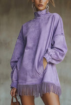 Loose Pocket Tassel Long-Sleeve Suede Dress