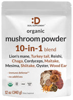 Organic Mushroom Powder 12oz | 10-in-1 Blend for Immune, Energy & Brain Health | Non-GMO Vegan