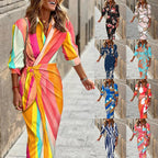 Fashion Printed Shirt Dress With Belt Slim Fit Three-quarter Sleeve Lapel Dress For Women Clothing
