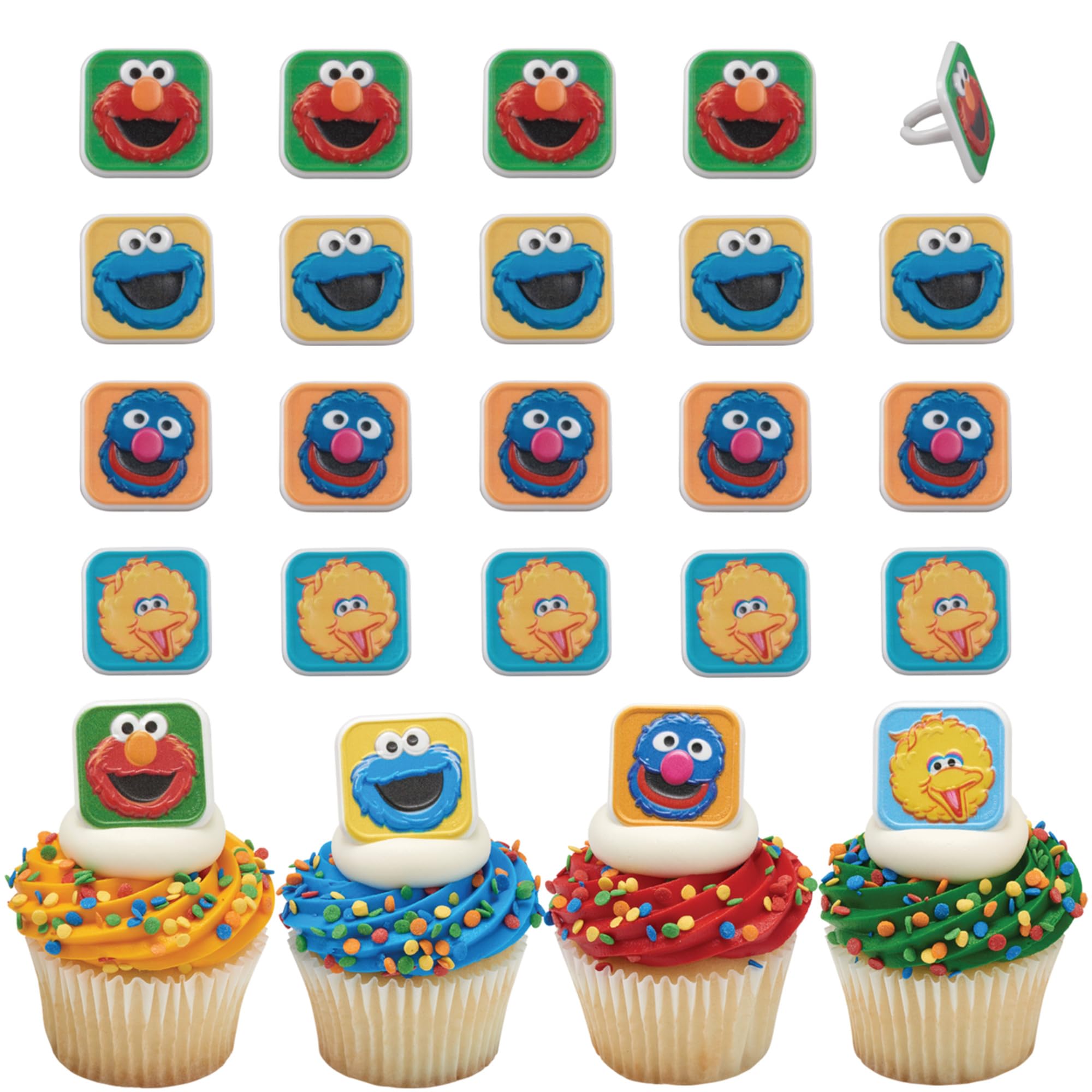 DecoPac Sesame Street Cupcake Toppers - 24 Ring Decorations featuring Elmo, Big Bird, Cookie Monster & Grover