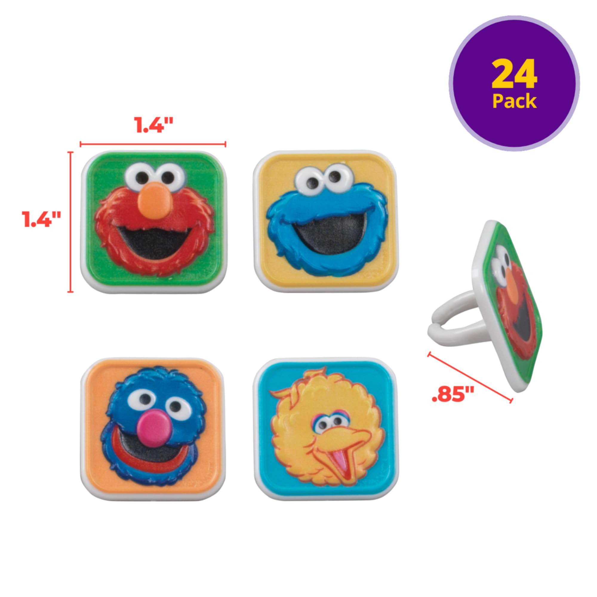 DecoPac Sesame Street Cupcake Toppers - 24 Ring Decorations featuring Elmo, Big Bird, Cookie Monster & Grover