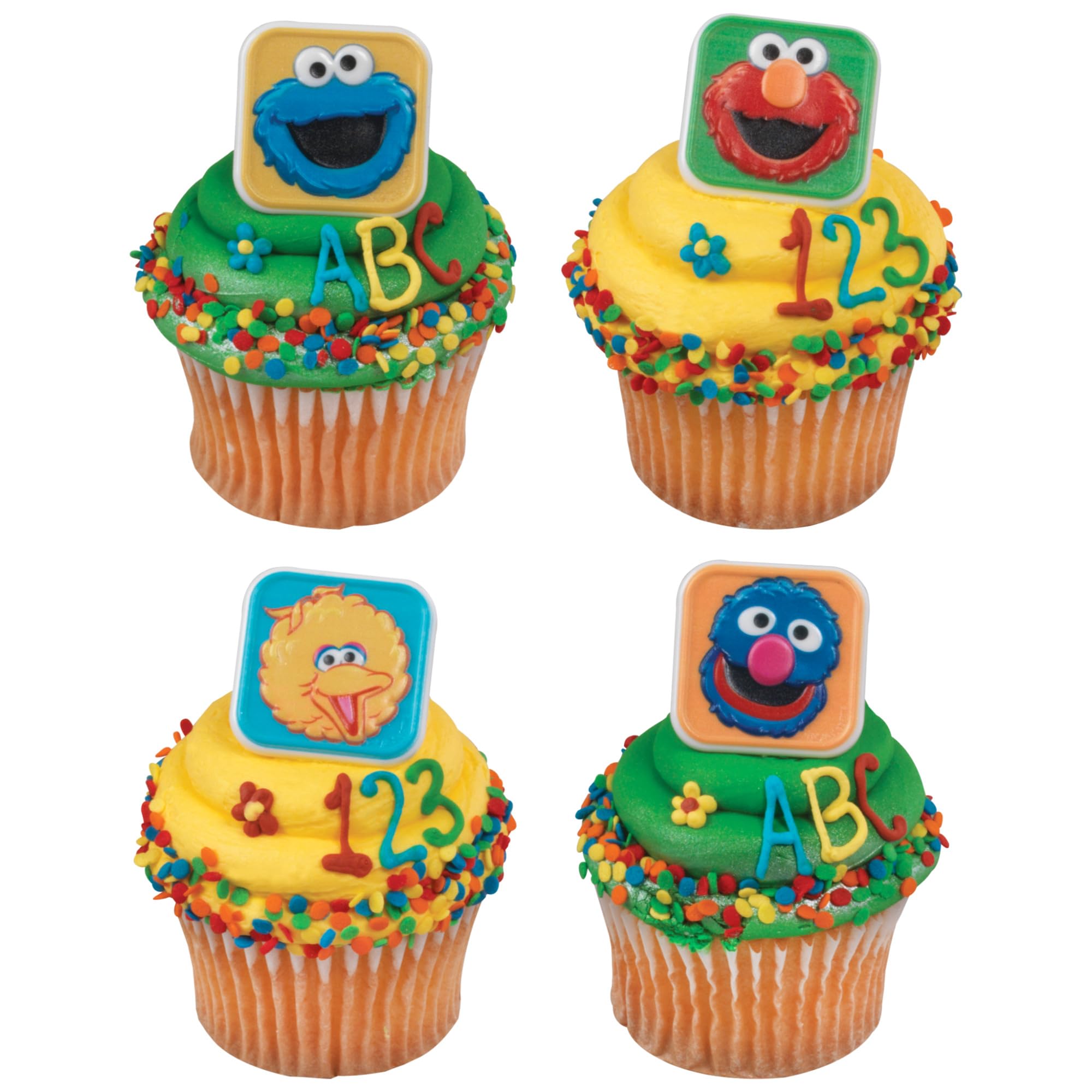 DecoPac Sesame Street Cupcake Toppers - 24 Ring Decorations featuring Elmo, Big Bird, Cookie Monster & Grover