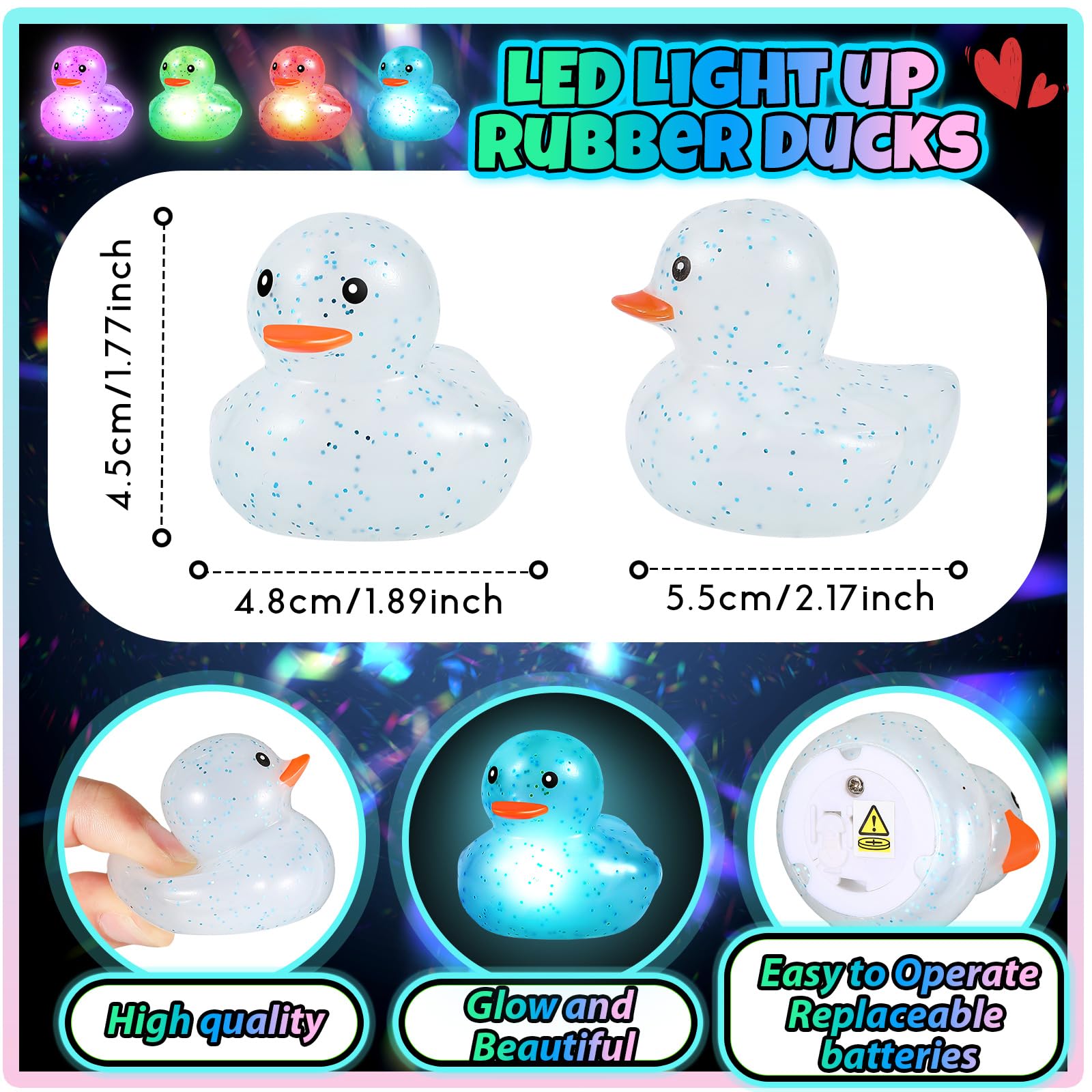 Deekin 48 Pcs LED Light Up Rubber Ducks – 2in Glow Party Favors & Decor (Clear)