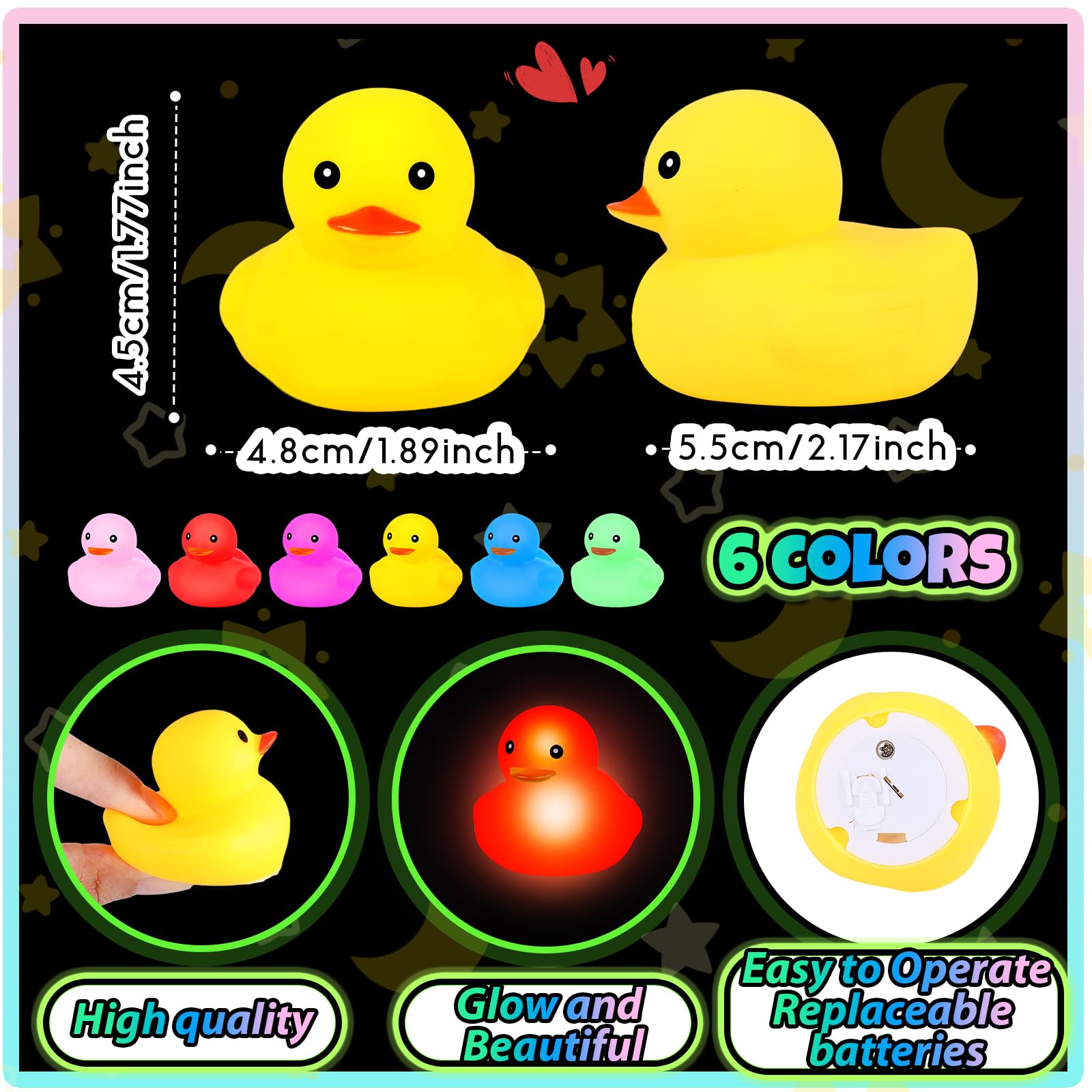 Deekin 96 Pcs LED Light-Up Rubber Ducks – 2-Inch Glow in the Dark Party Favors & Decor