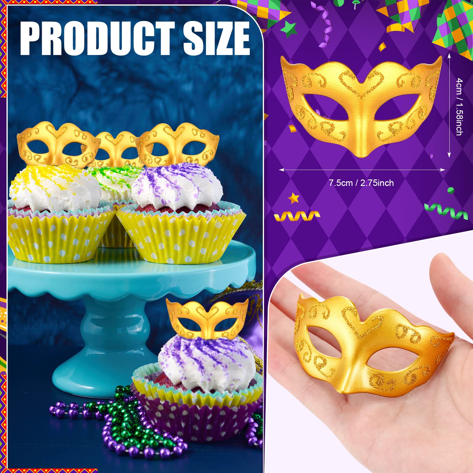 Deekin 24 Pcs Mini Masquerade Masks - Gold Cake Toppers & Party Decor