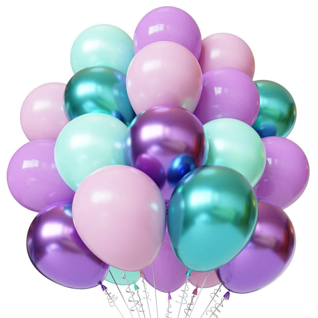 DEETUULET Mermaid Balloons Kit – 50pcs, 12in, Purple Pink Teal + Metallic Purple/Green