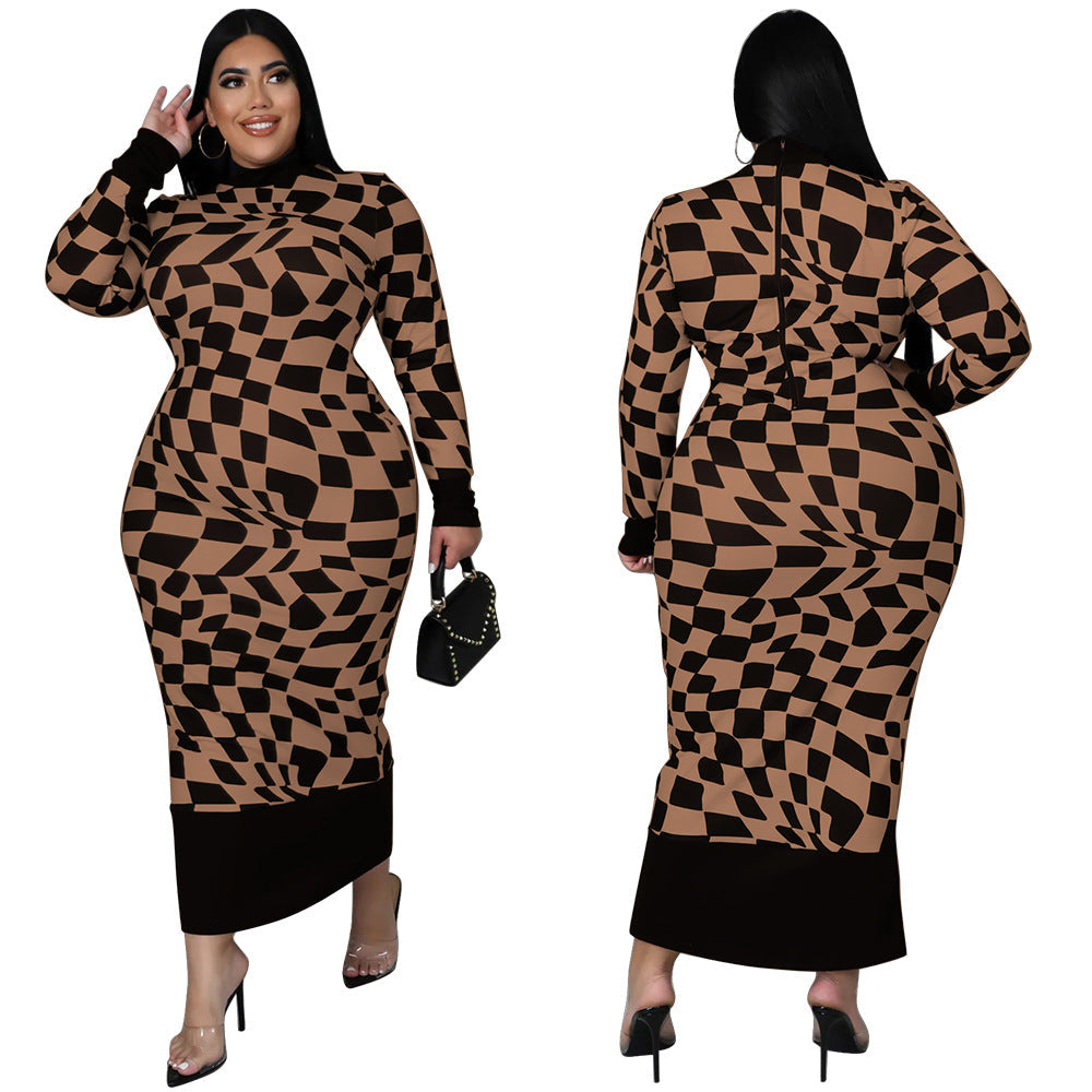 Women's Crew-Neck Plaid Printed Long-Sleeve Elegant Dress
