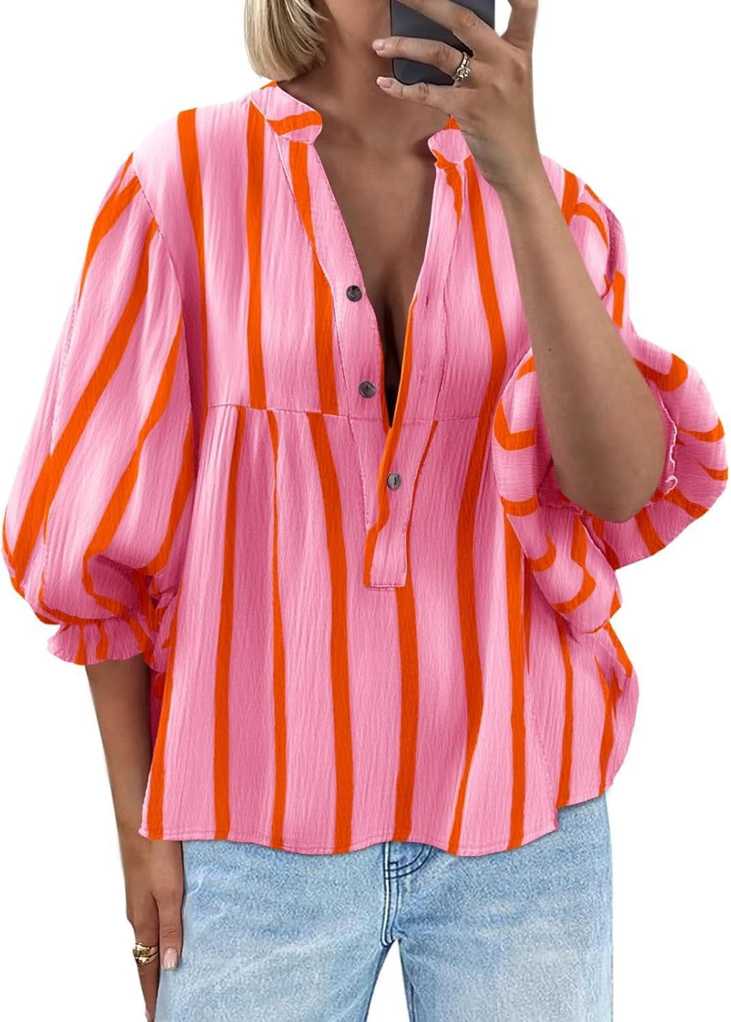 Women's Striped Puff Sleeve Pullover Top | Loose Fit Casual Shirt