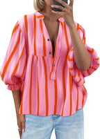 Women's Striped Puff Sleeve Pullover Top | Loose Fit Casual Shirt