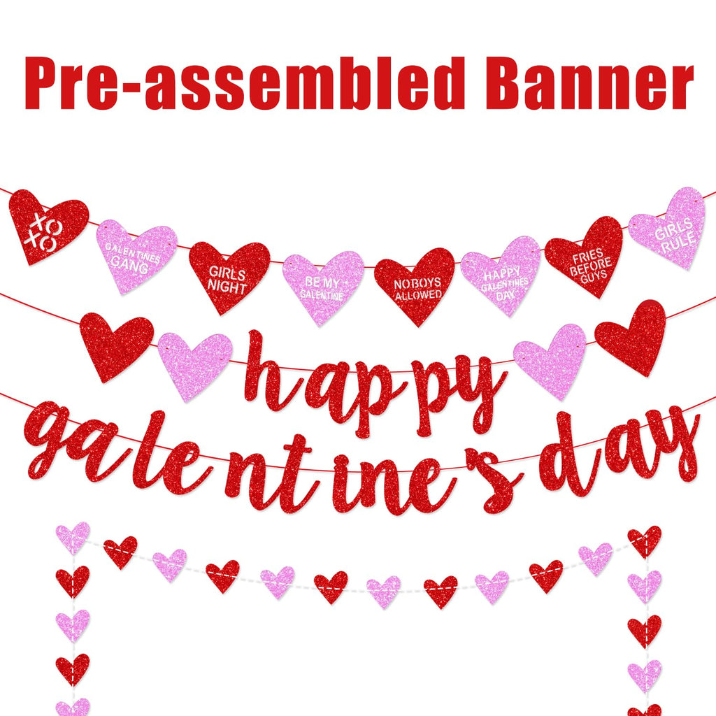 Deneo Happy Galentine's Day Banner – Red Glitter Heart Garland for Galentine & Valentine’s Party Decor