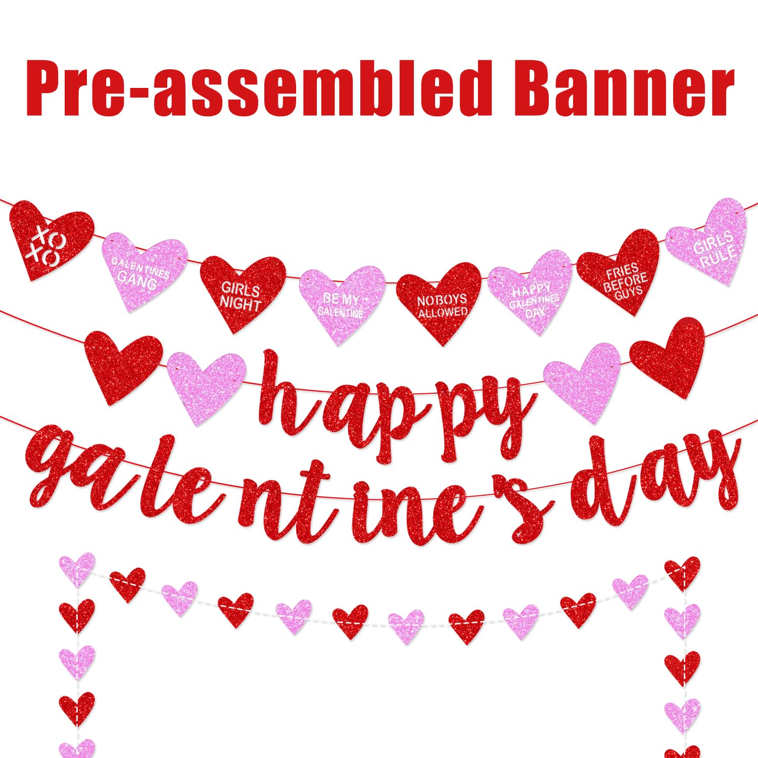 Deneo Happy Galentine's Day Banner – Red Glitter Heart Garland for Galentine & Valentine’s Party Decor