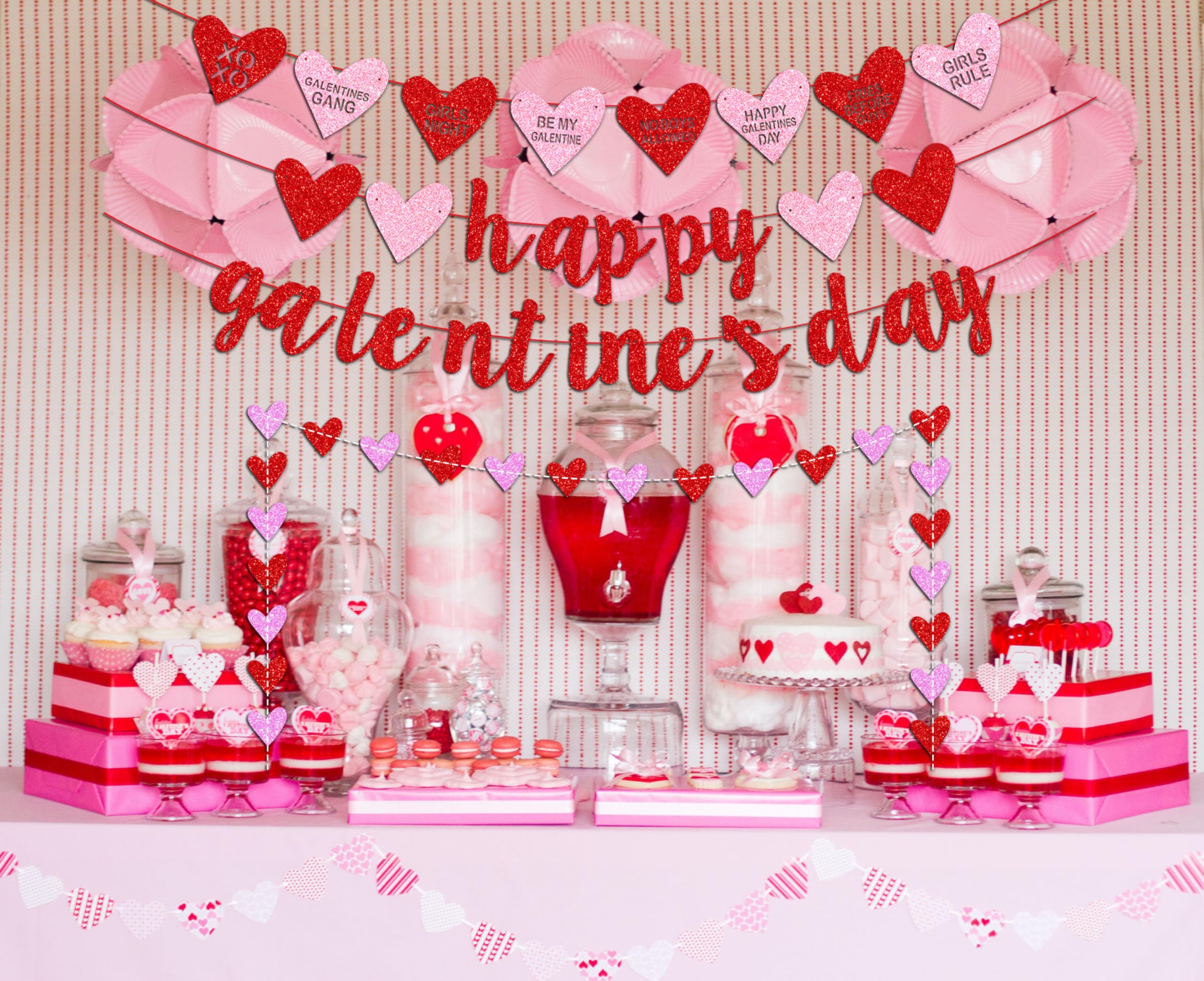 Deneo Happy Galentine's Day Banner – Red Glitter Heart Garland for Galentine & Valentine’s Party Decor